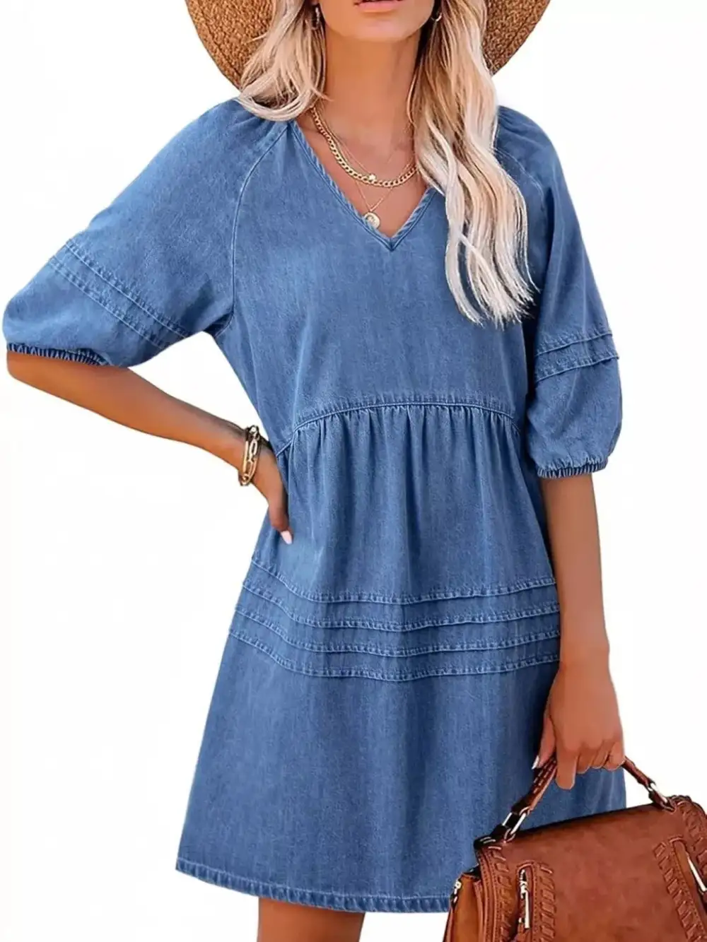 Denim V Neck Puff Sleeve Mini Dress