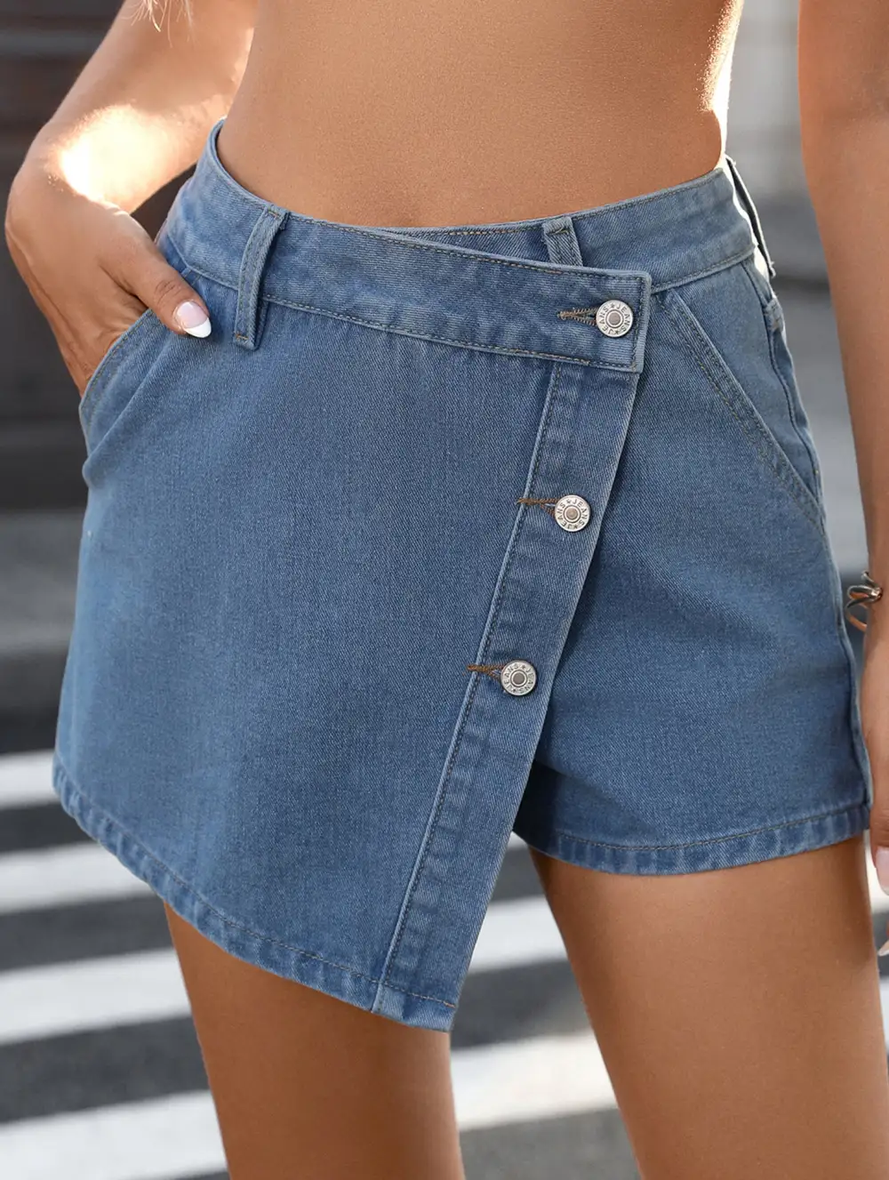 Washed Button-Embellished Irregular Denim Skirt Pants