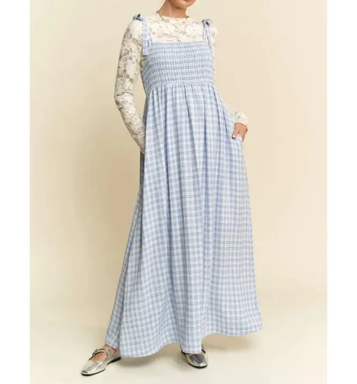 Davi & Dani Plaid Smocking Sleeveless Maxi Dress