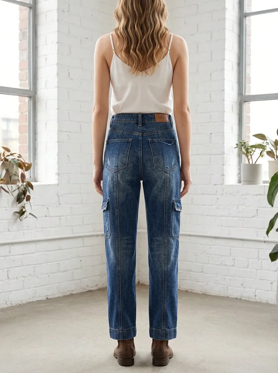 Women's Classic Casual High-Waisted Cargo Pocket Denim Straight Jeans