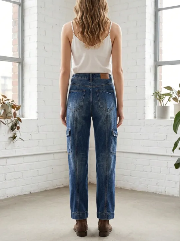 Women's Classic Casual High-Waisted Cargo Pocket Denim Straight Jeans