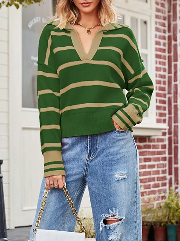 Striped Paneled V-Neck Long Sleeve Relaxed Fit Pullover Sweater