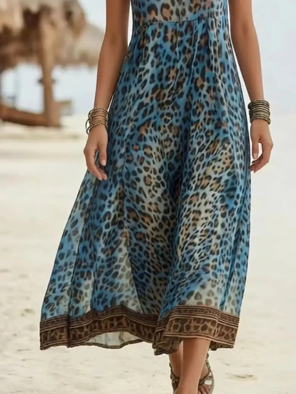 Animal Print V Neck Midi Dress