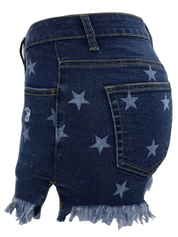 Fringe Pentagram Print High Waist Shorts Denim Pants