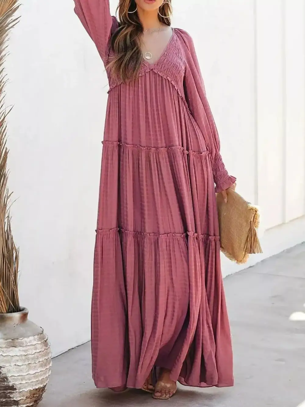 V Neck Tiered Long Sleeve Maxi Dress
