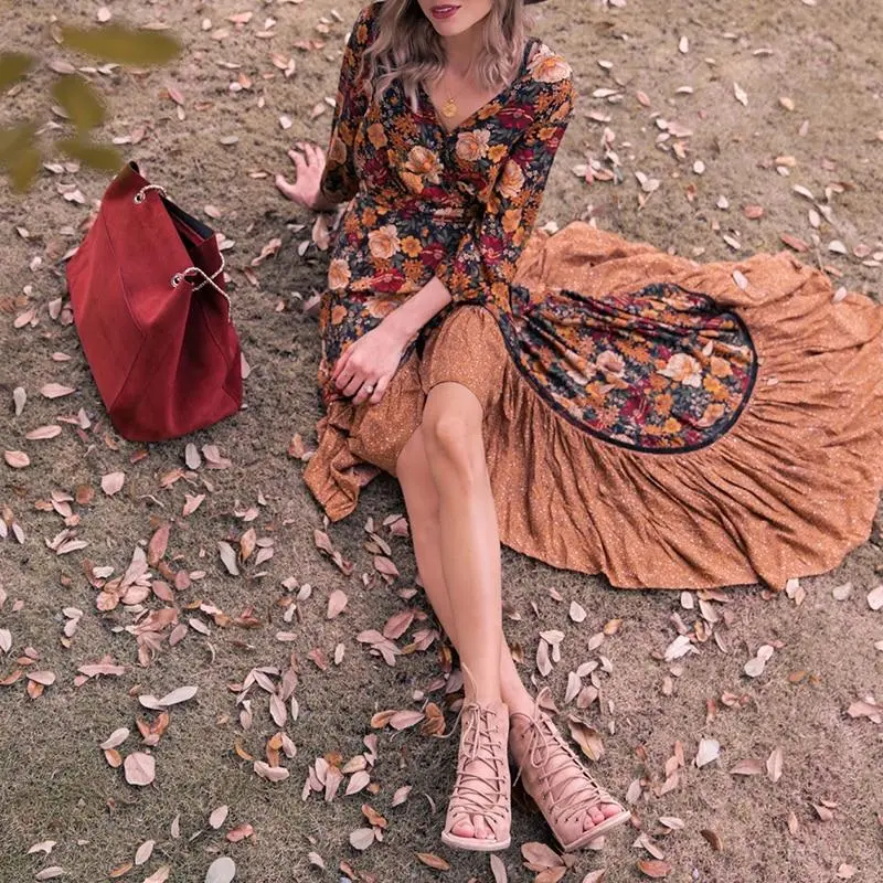 Floral Vintage Irregular Maxi Wrap Dress