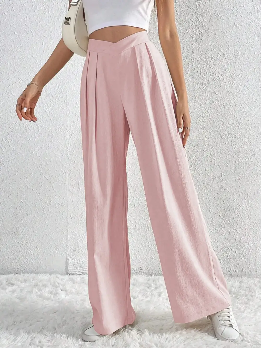 V Waisted Ruched Front Wide Leg Pants