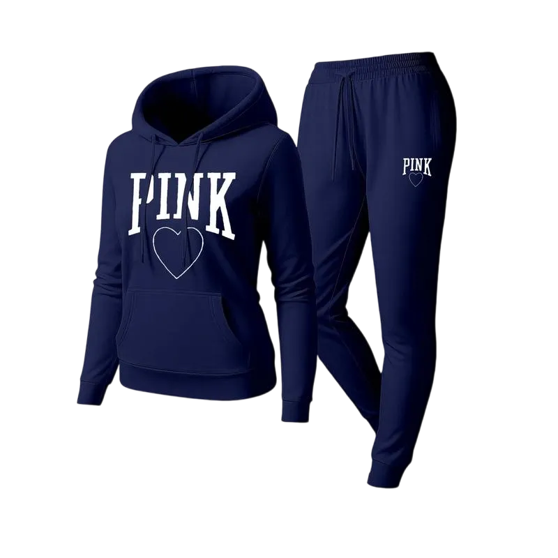 Women's Pink Heart Print Hair And Sunglasses Hoodie And Drawstring Track Pants Set