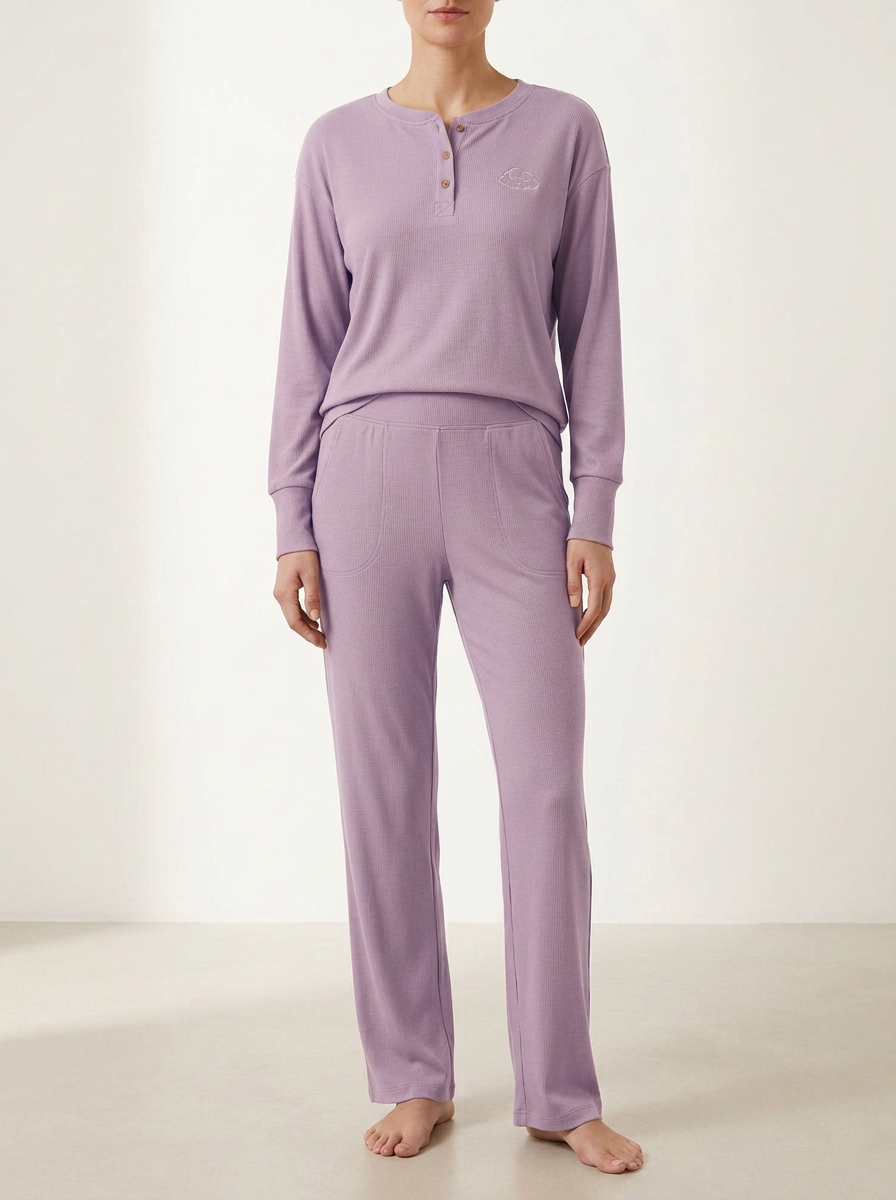 Women's Cloud-Embroidered Ribbed Henley Curved-Pocket Lounge Set