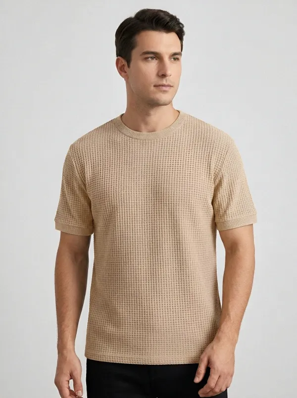 Classic Waffle-Knit Minimal Men's Knit Crew-Neck T-Shirt