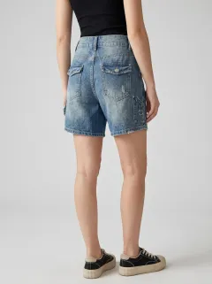 Women's Casual Vintage Wash Cargo Denim Shorts