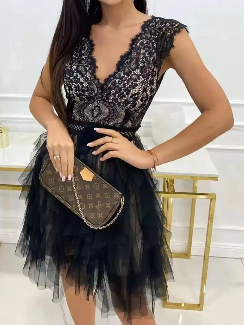 V-Neck Ruffled Lace Trim Midi Dress