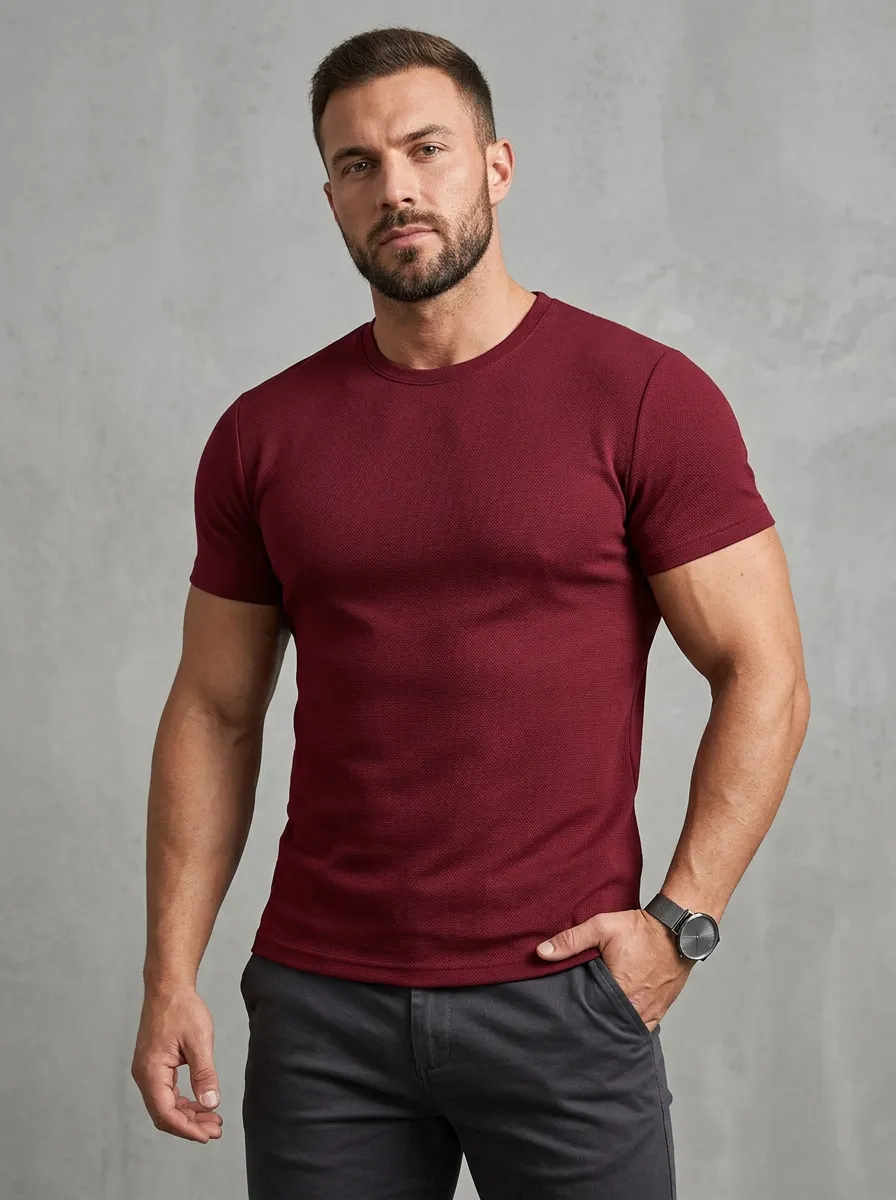 Casual Ribbed Textured Crew Neck Layering Style Men's Slim Fit Short Sleeve T-Shirt