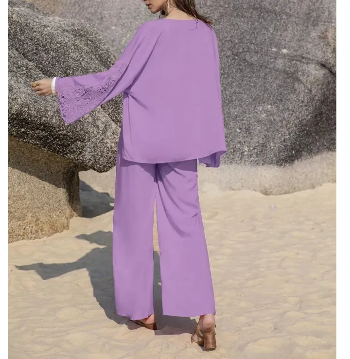 Lace Detail Open Front Cover Up and Pants Set