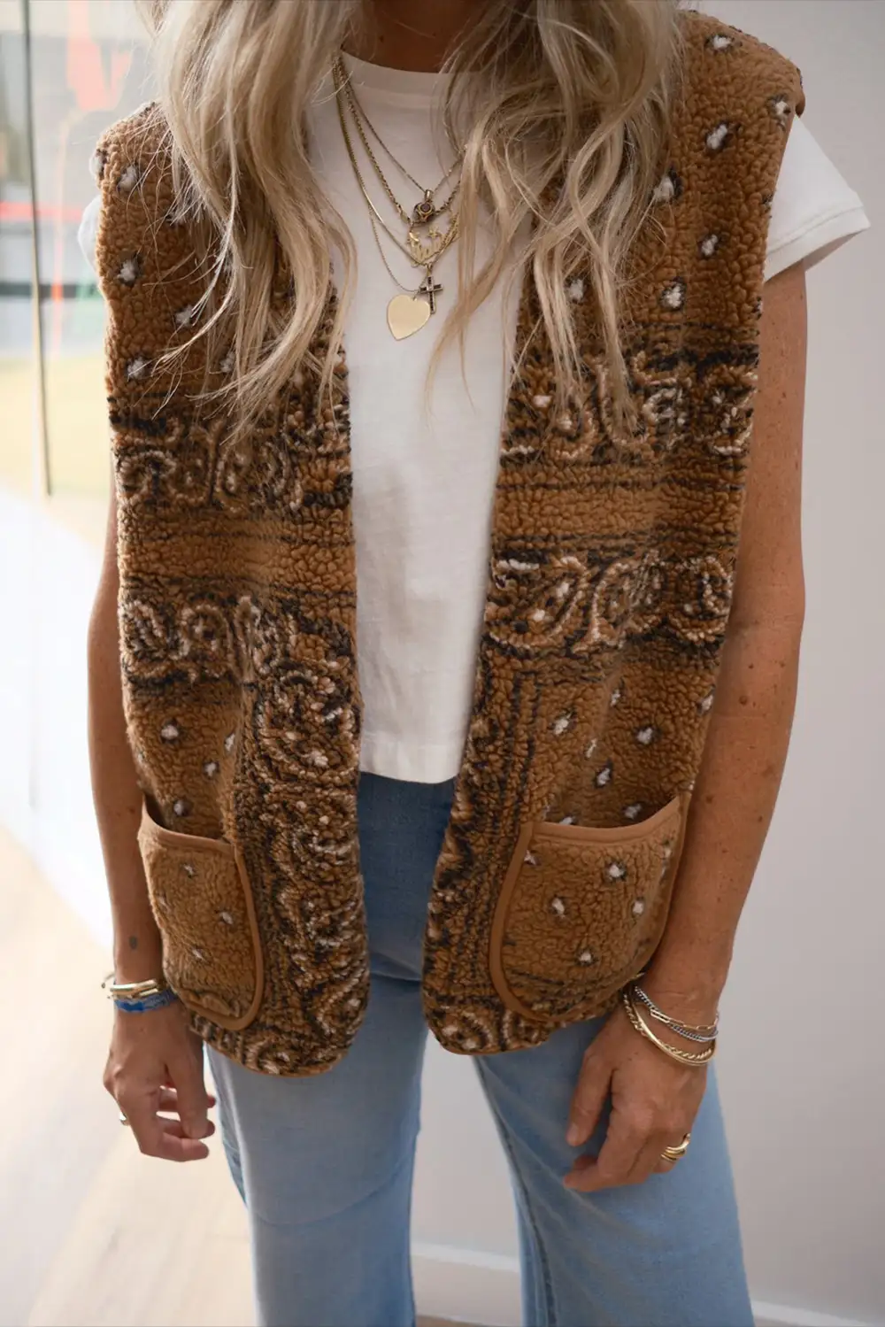 Paisley Print Pocketed Western Sherpa Vest
