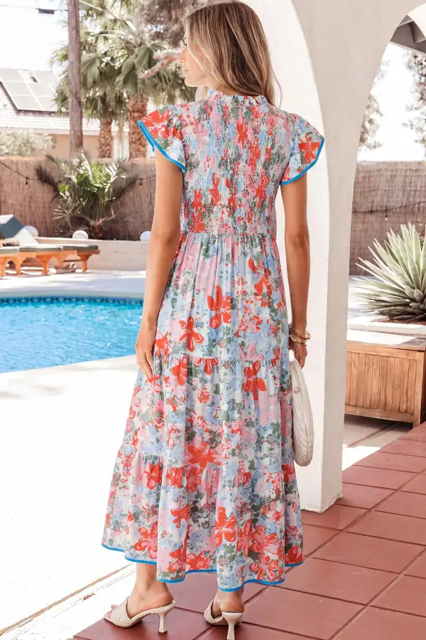 Floral Print V-Neck Contrast Trim Flutter Sleeve Maxi Dress
