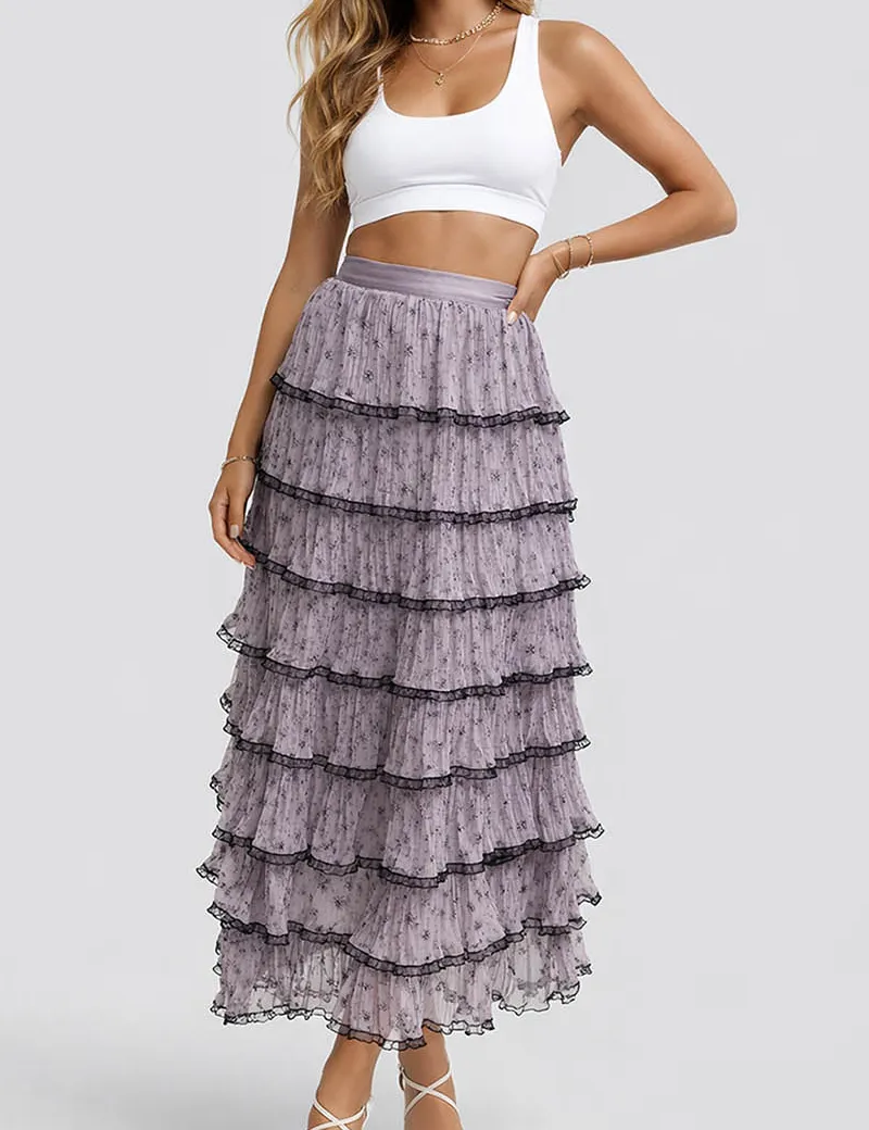 Color Block Tiered Ruffle Hem Mesh Maxi Skirt