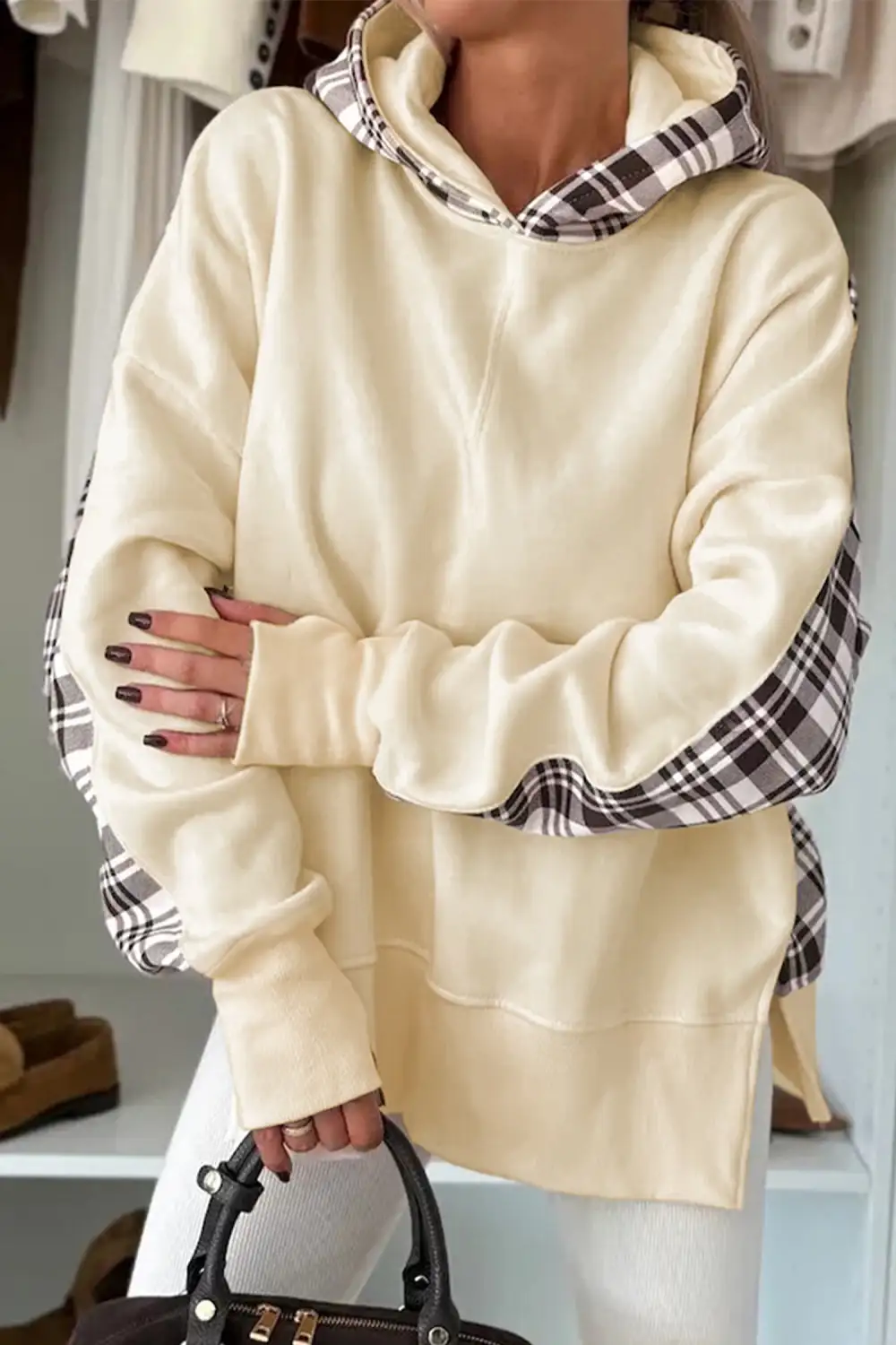 Plaid Patchwork Side Slit Sweatshirt