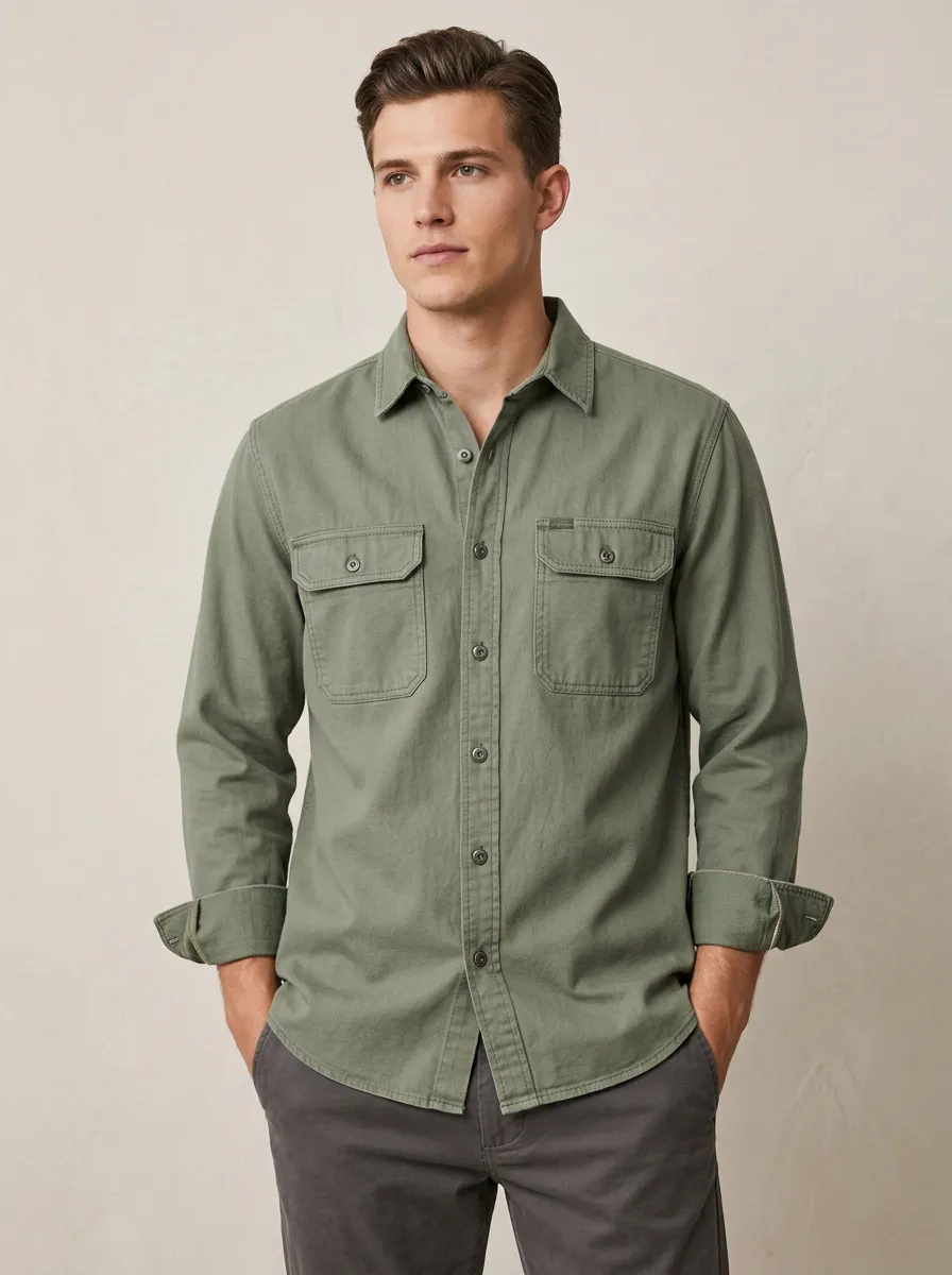 Men's Casual Olive Green Double Pocket Button Down Shirt