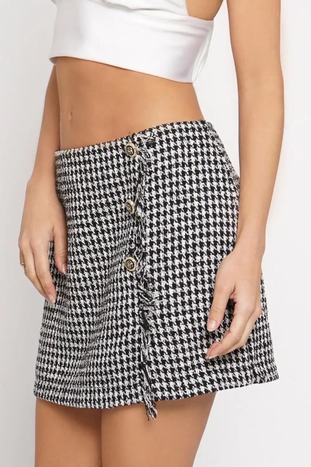 Frayed Front With Button Detail Houndstooth Mini Skirt