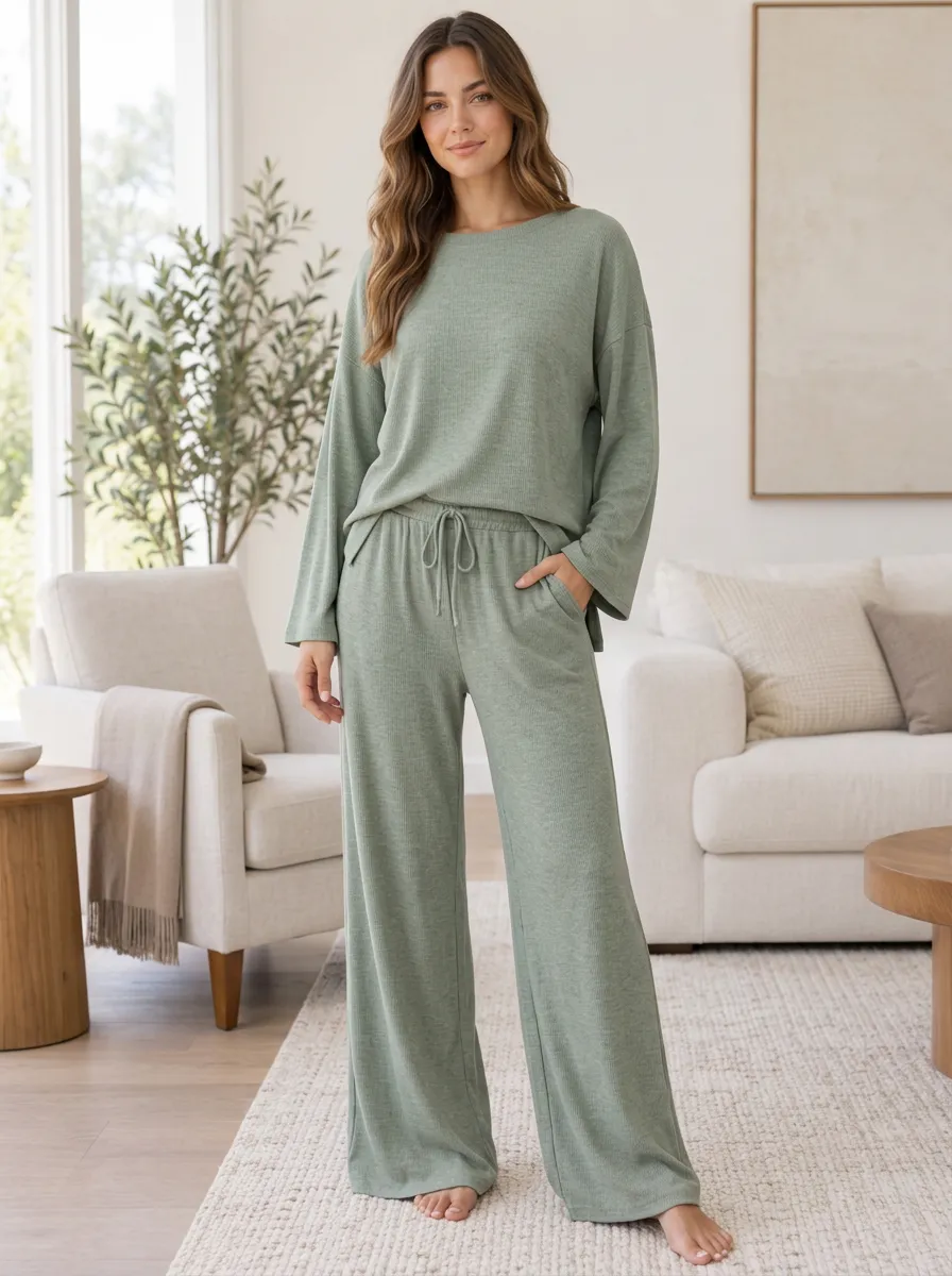 Women's Relaxed Styling Ribbed Knit Wide Leg Lounge Set
