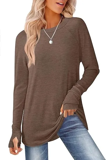 Womens Tunic Tops to Wear with Leggings Long Sleeve Thumb Hole Shirts Crew Neck Curved Hem