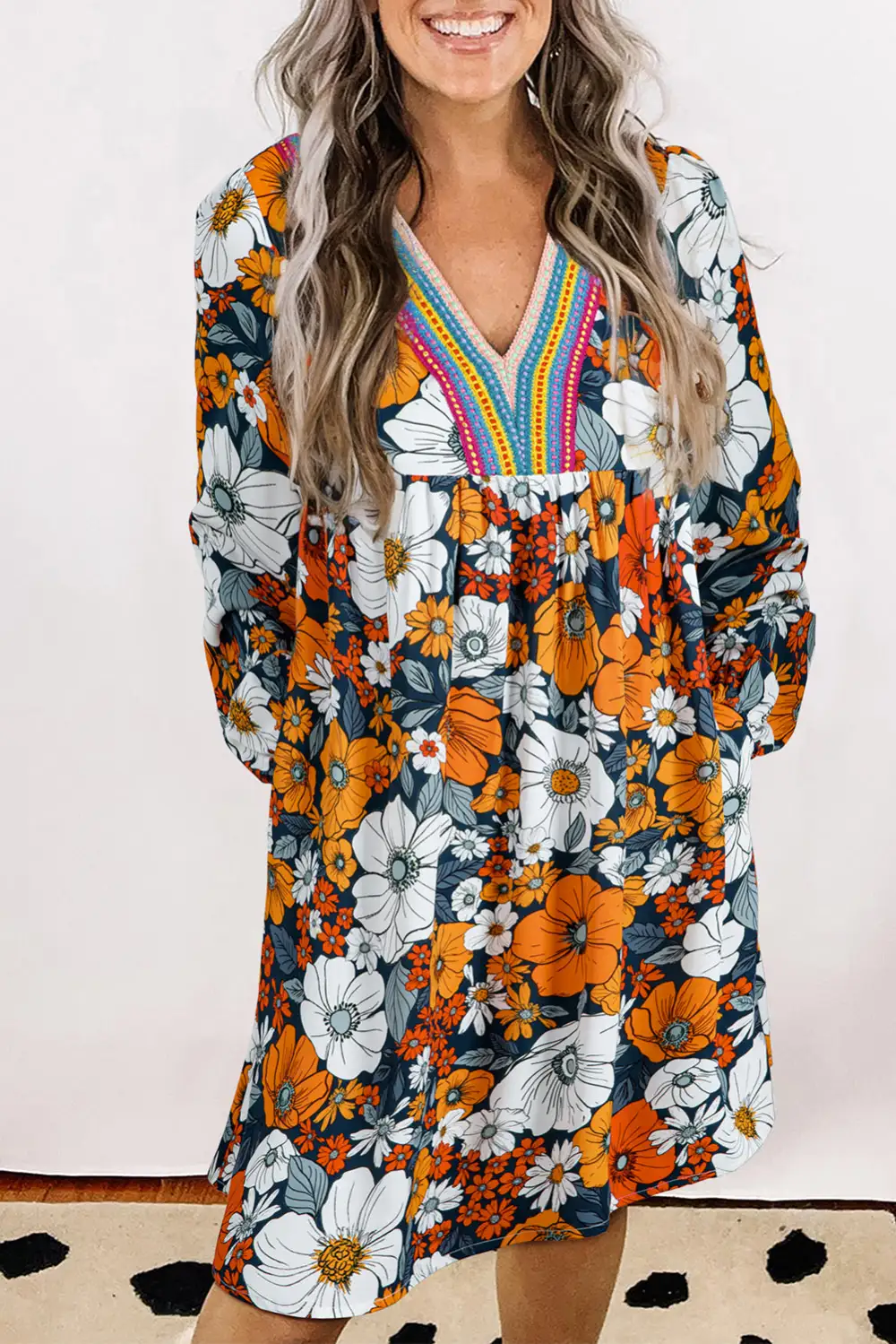 Print Lace V Neck Long Sleeve Mini Dress