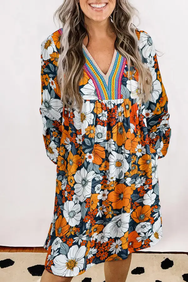 Print Lace V Neck Long Sleeve Mini Dress