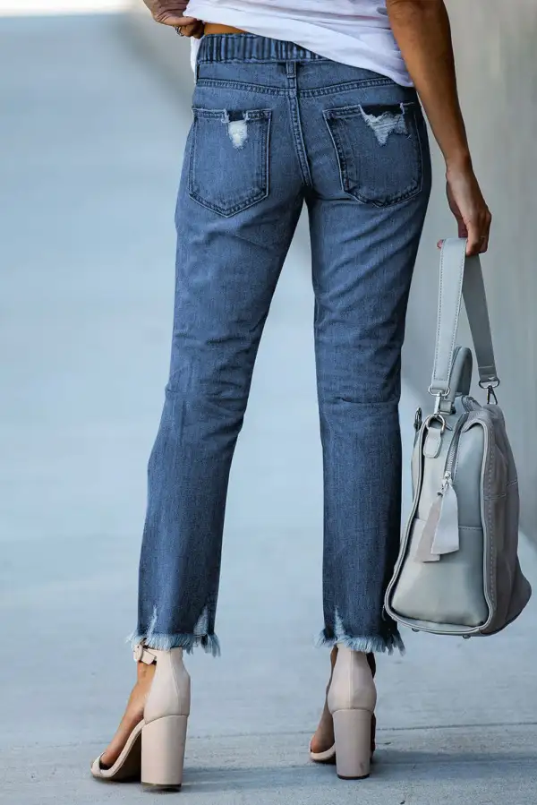 Elastic Waist Straight Leg Destroyed Raw Hem Jeans