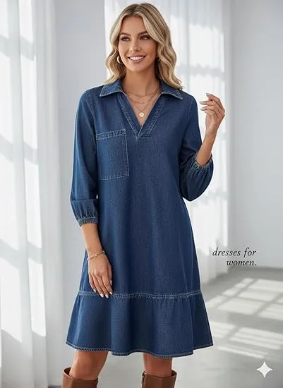 Women Fashion Fall Casual Babydoll 2025 V Neck 3/4 Puff Sleeve Jean Dresses