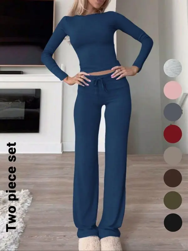 Women's Solid Color Long Sleeve Crop Tee & High-Waisted Drawstring Pants Set, Casual Everyday Slim Fit Outfit for Fall & Winter Seasons