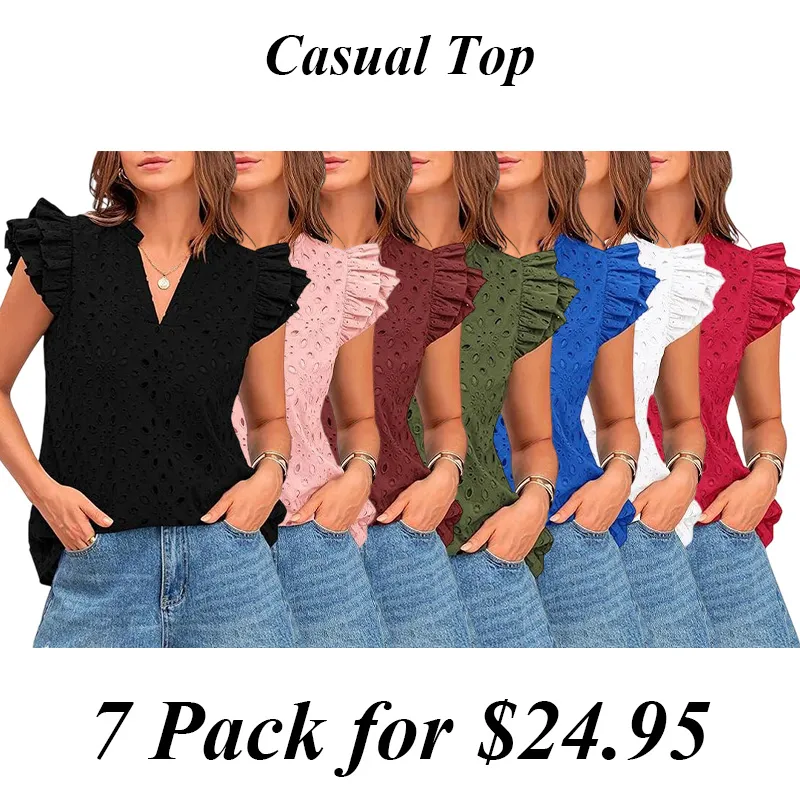 Women Summer Eyelet Tops Dressy Casual V-Neck Ruffle Cap Sleeve Cotton Boho Shirts