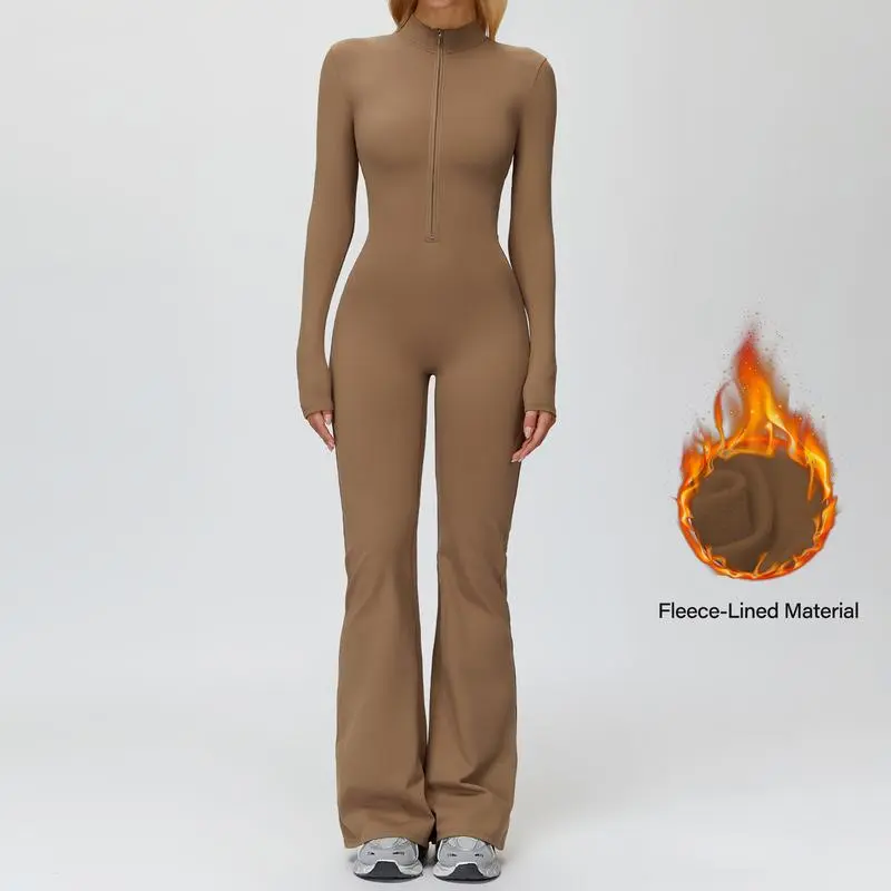 Women's Long Sleeve Flared Sports Jumpsuit - Zipper Jumpsuit, Wide Leg Bodysuit, Sexy One-Piece Yoga Jumpsuit