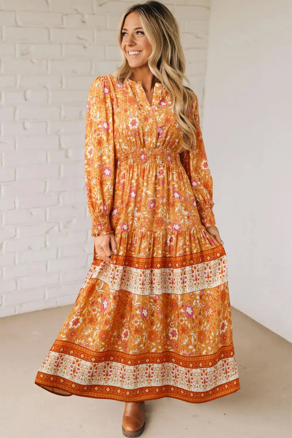 Polished Detail Floral Printed Smocked Maxi Dress