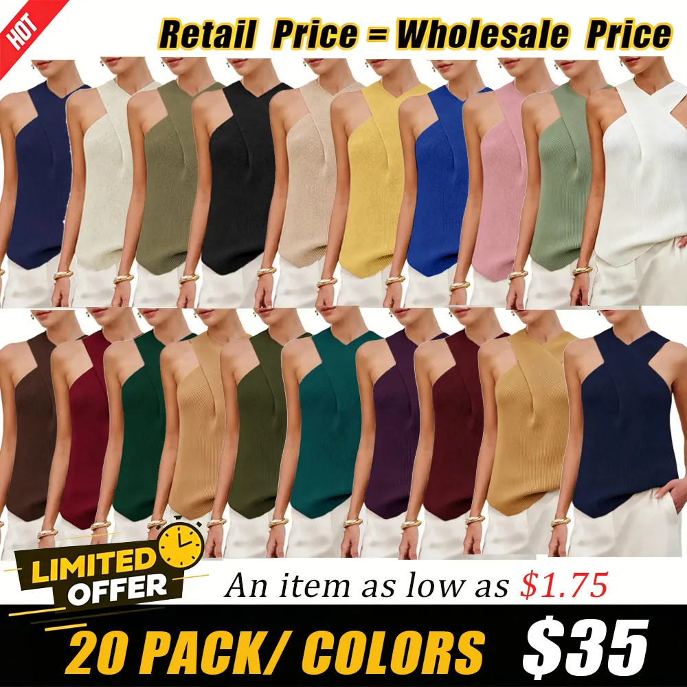 Tanming Women's Halter Cross Over Collar Tank Knit Sleeveless Camisole Top