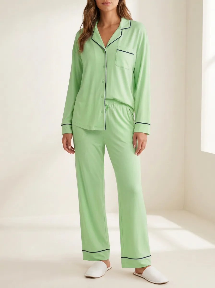Women's Notched-Lapel Piped Drawstring Pajama Set