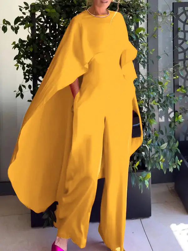 Cape Losse Zakken Effen Kleur Jumpsuits Met Ronde