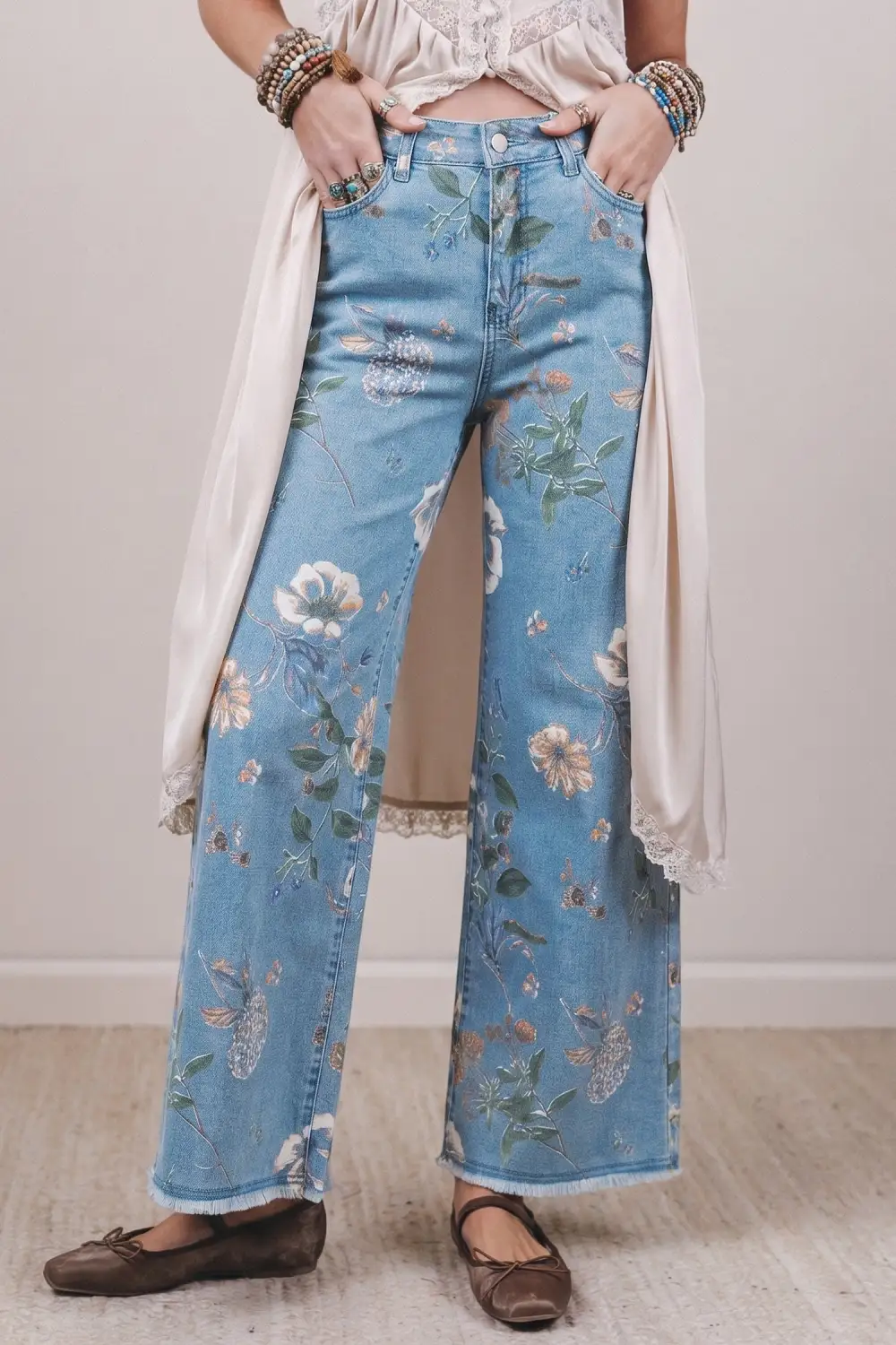 Frayed Floral Print Retro Hem Shift Jeans