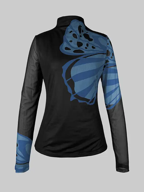Long Sleeve Slim Fit Butterfly Print Panel Detail Mock Neck T-Shirt