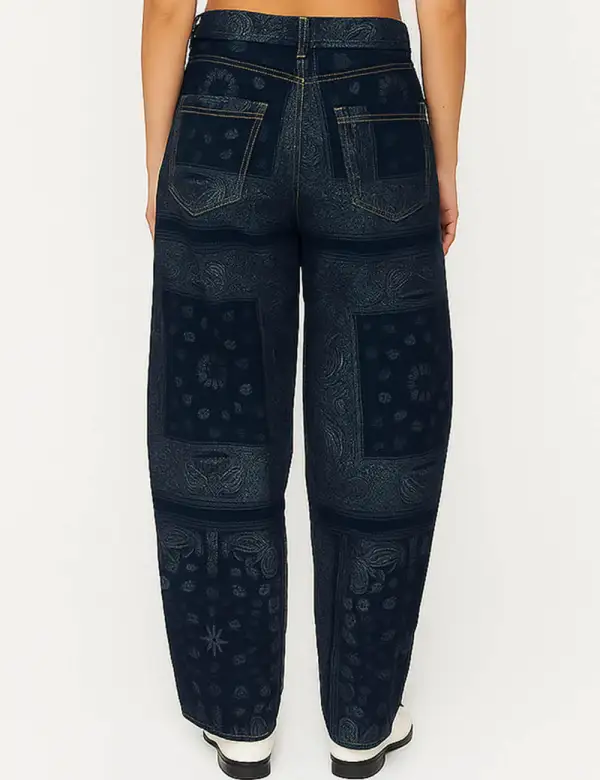 Vintage Jacquard Zip Fly Barrel Denim Pants