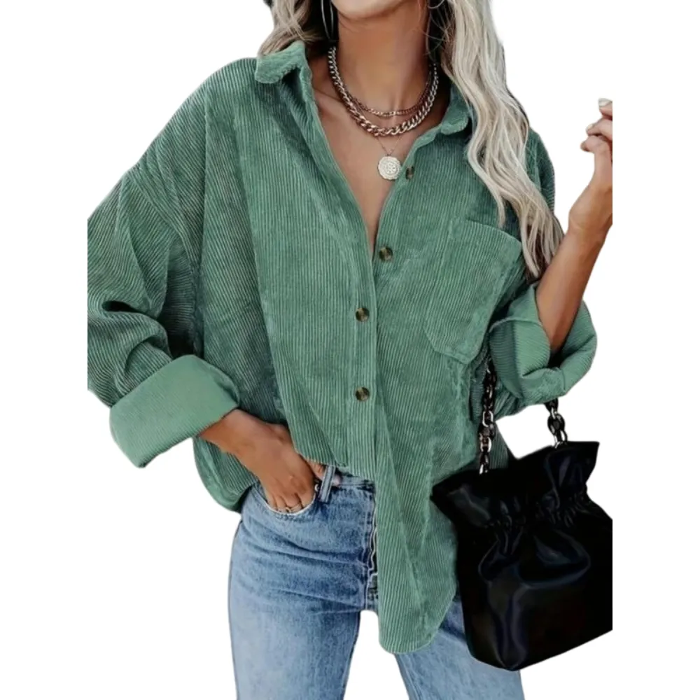 Women's Plain Pocket Button Front Corduroy Shirt