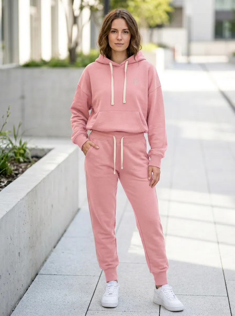 Women's Minimalist Nature Leaf Printed Olive Green Hoodie Jogger Set