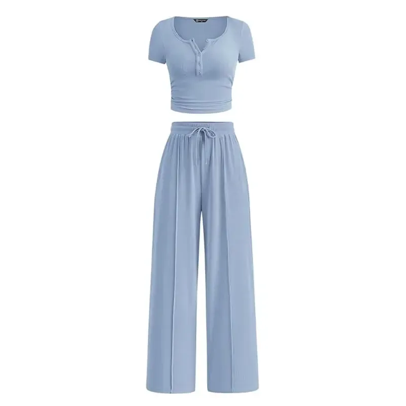 Women's two-piece summer ribbed knit button short-sleeve crop top and wide-leg pants