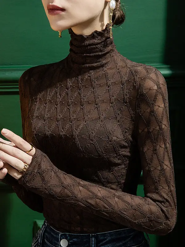 Refined Lace Detail Slim Fit Falbala Checkered High Neck T-Shirt