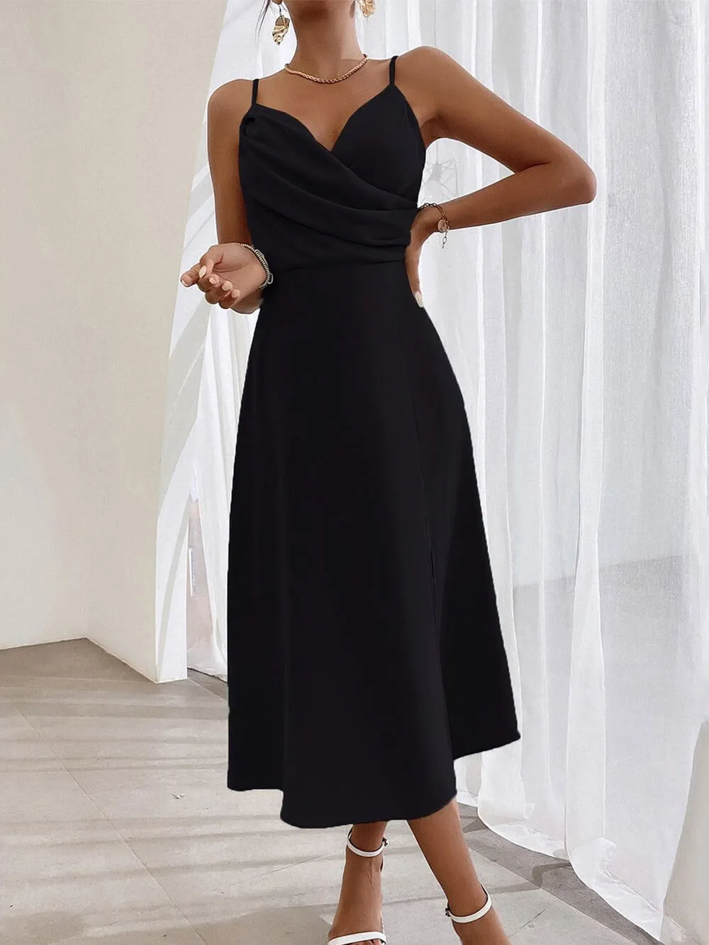 Elegant Spaghetti Strap Pleated Leg Slit Midi Dress