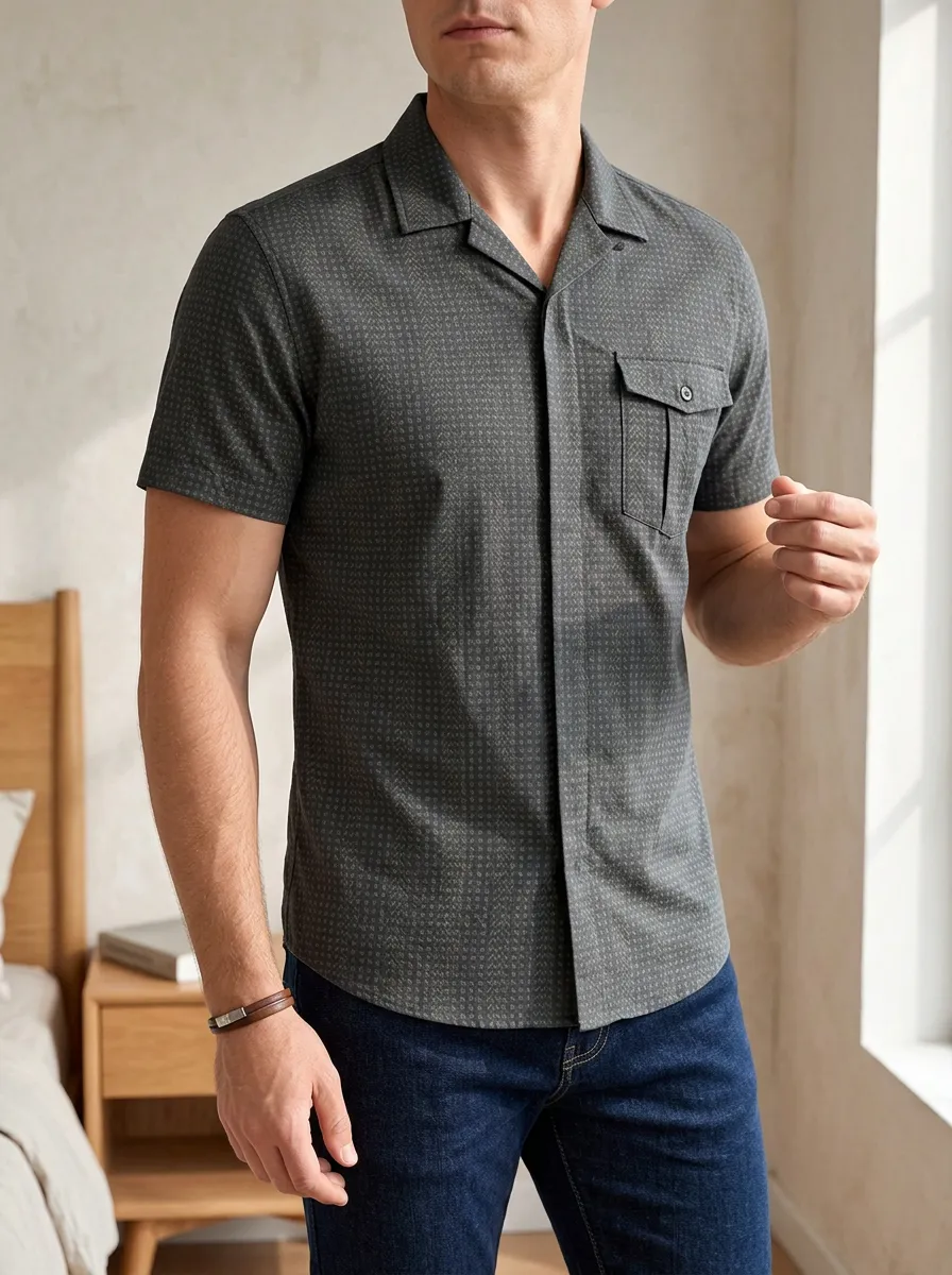 Men's Geometric Chest Pocket Short Sleeve Camp Collar Slim Fit Shirt