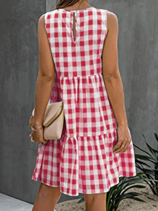 Relaxed Sleeveless Hollow Plaid Pleated Split Joint Round Neck Mini Dress