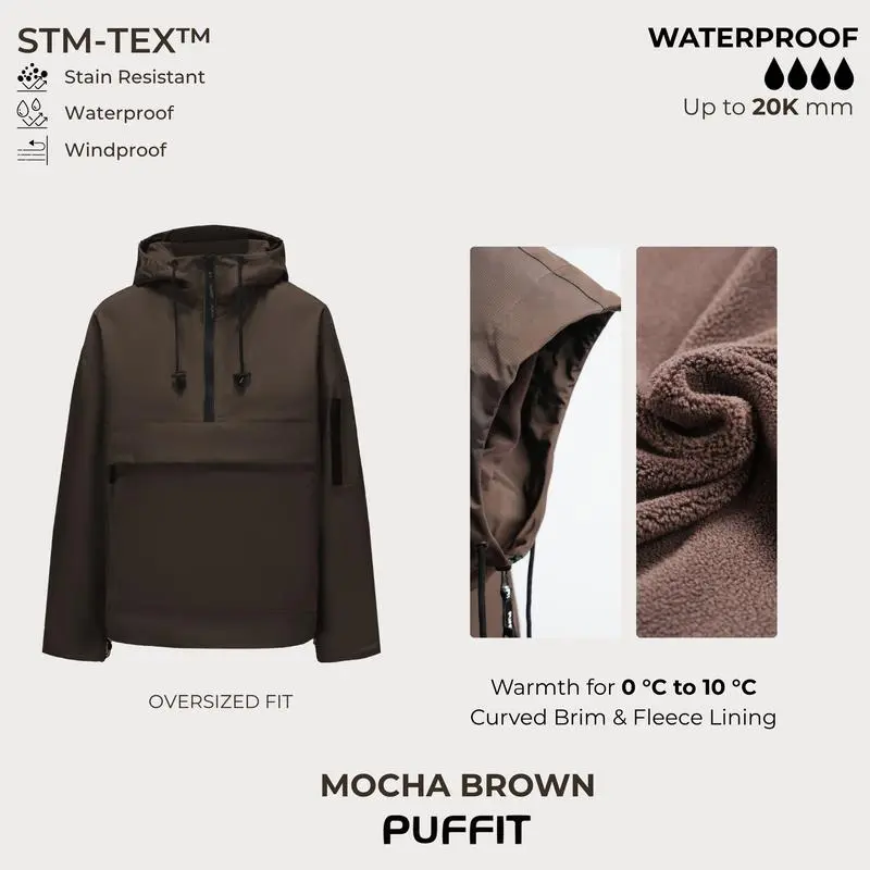 STM-TEX Waterproof Oversized Fall Hoodie Coat – Warm Half Zip Rain Jacket with Adjustable Waist, Hood & Cuffs
