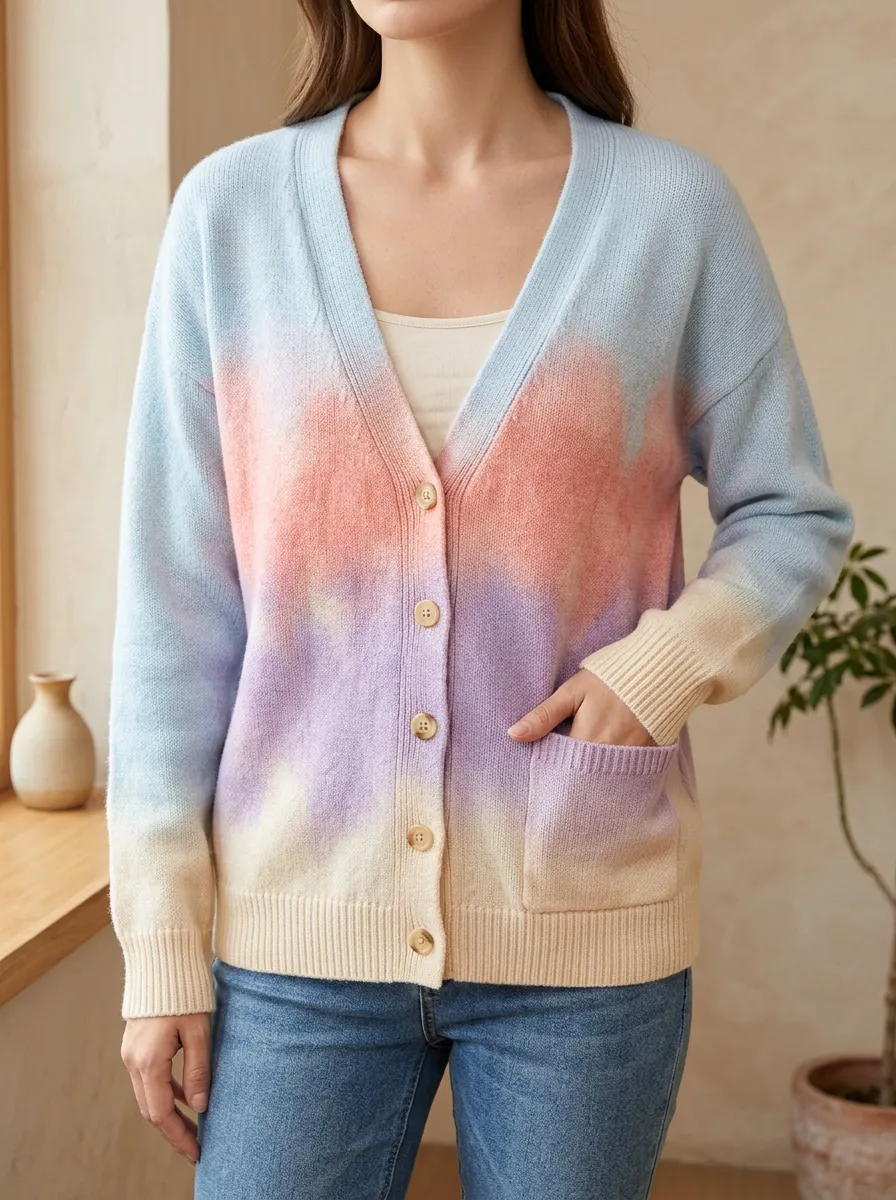 Women's Pastel Tie-Dye Pattern Printed Hip Length Versatile Style Cardigan