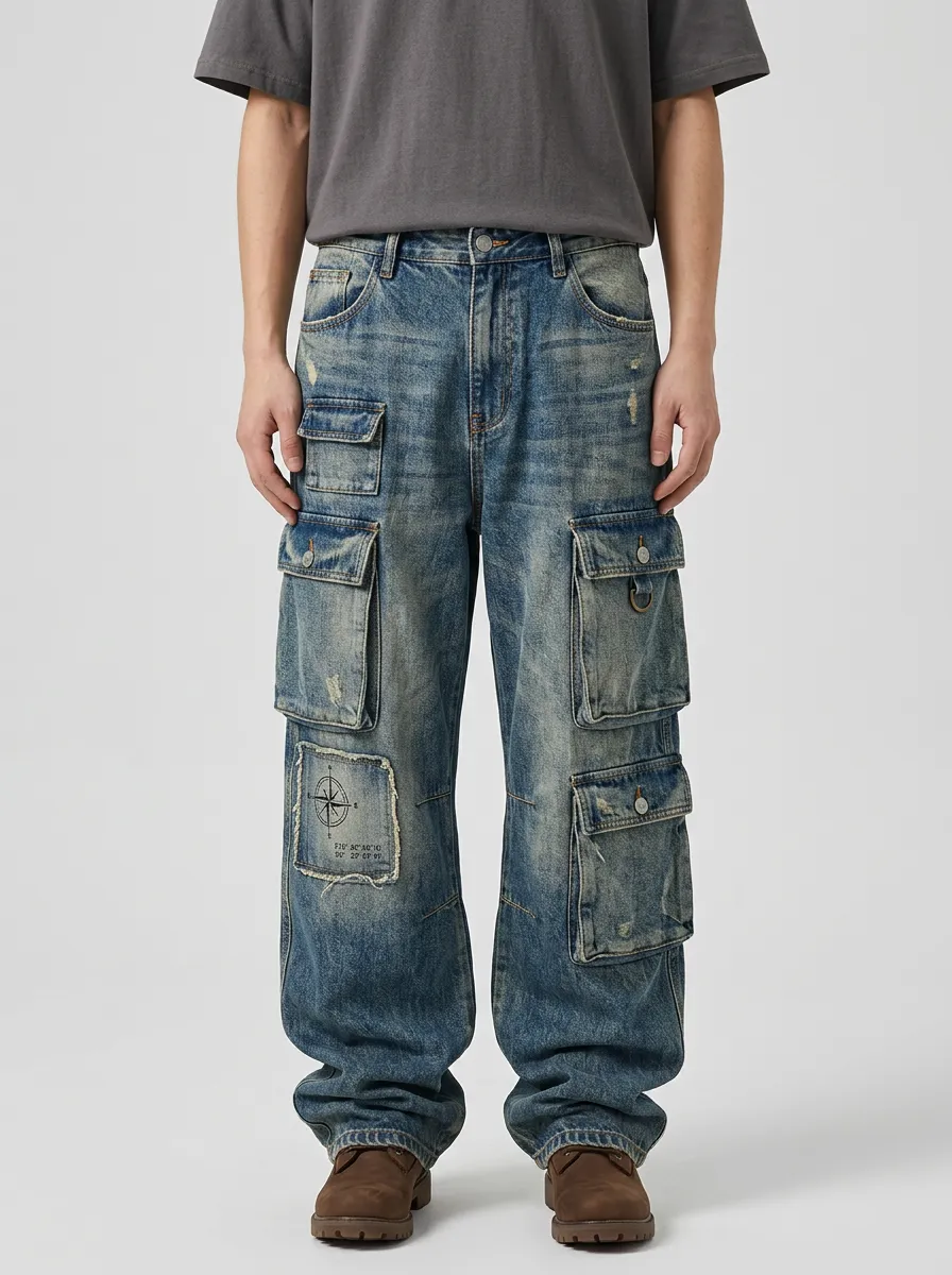 Men's Vintage Compass Graphic Distressed Printed Cargo Pants